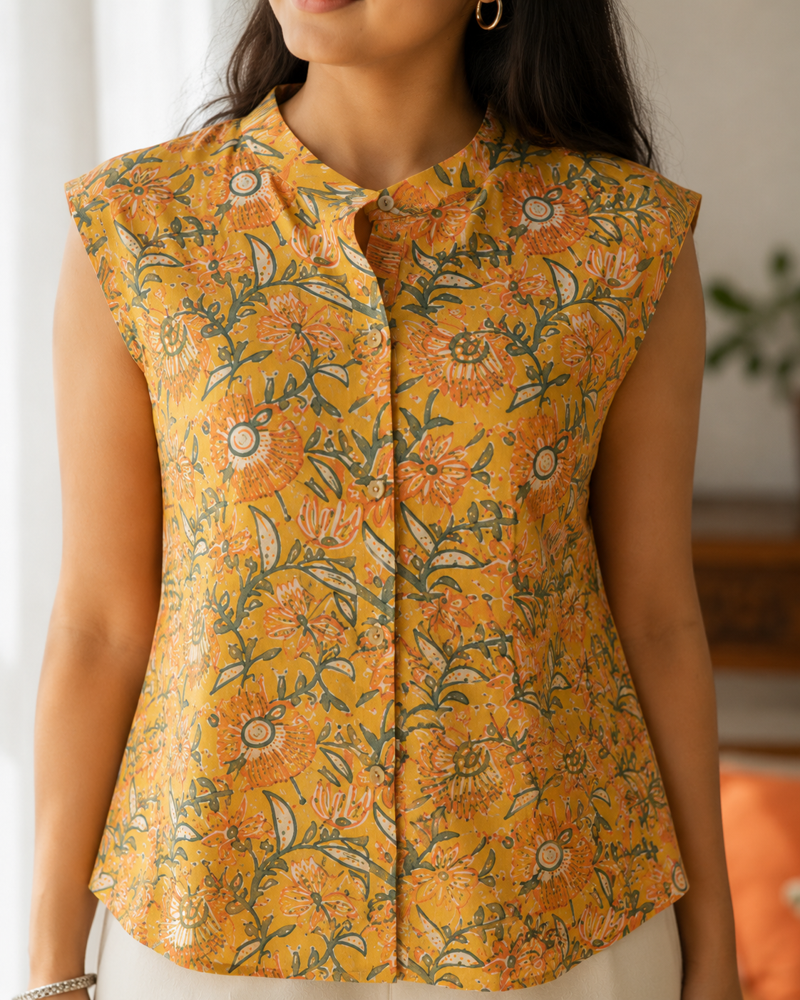 Rayon/Cotton Silk Floral Tunic Sleeveless Button-Down