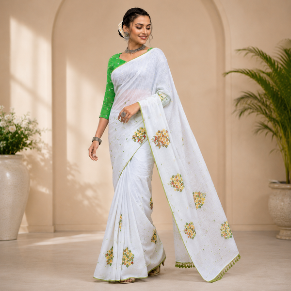 Elegant white saree featuring delicate floral embroidery with a refreshing green border for a graceful and timeless ethnic look.