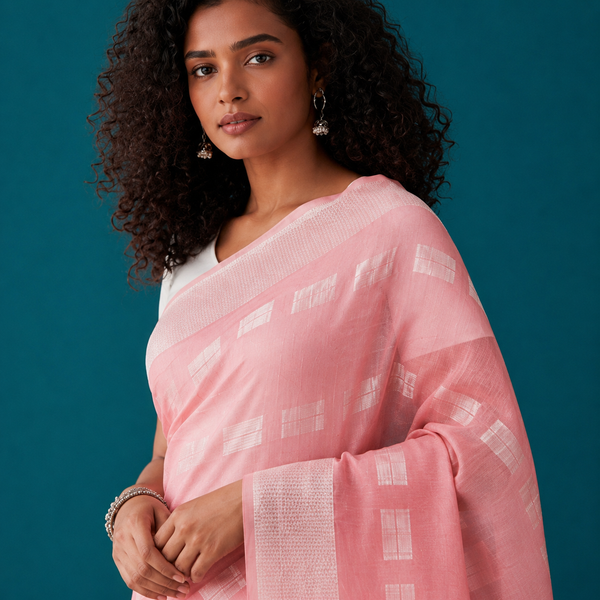 Elegant pastel pink cotton saree featuring subtle geometric woven motifs and a refined border for a graceful everyday ethnic look. 🌸✨