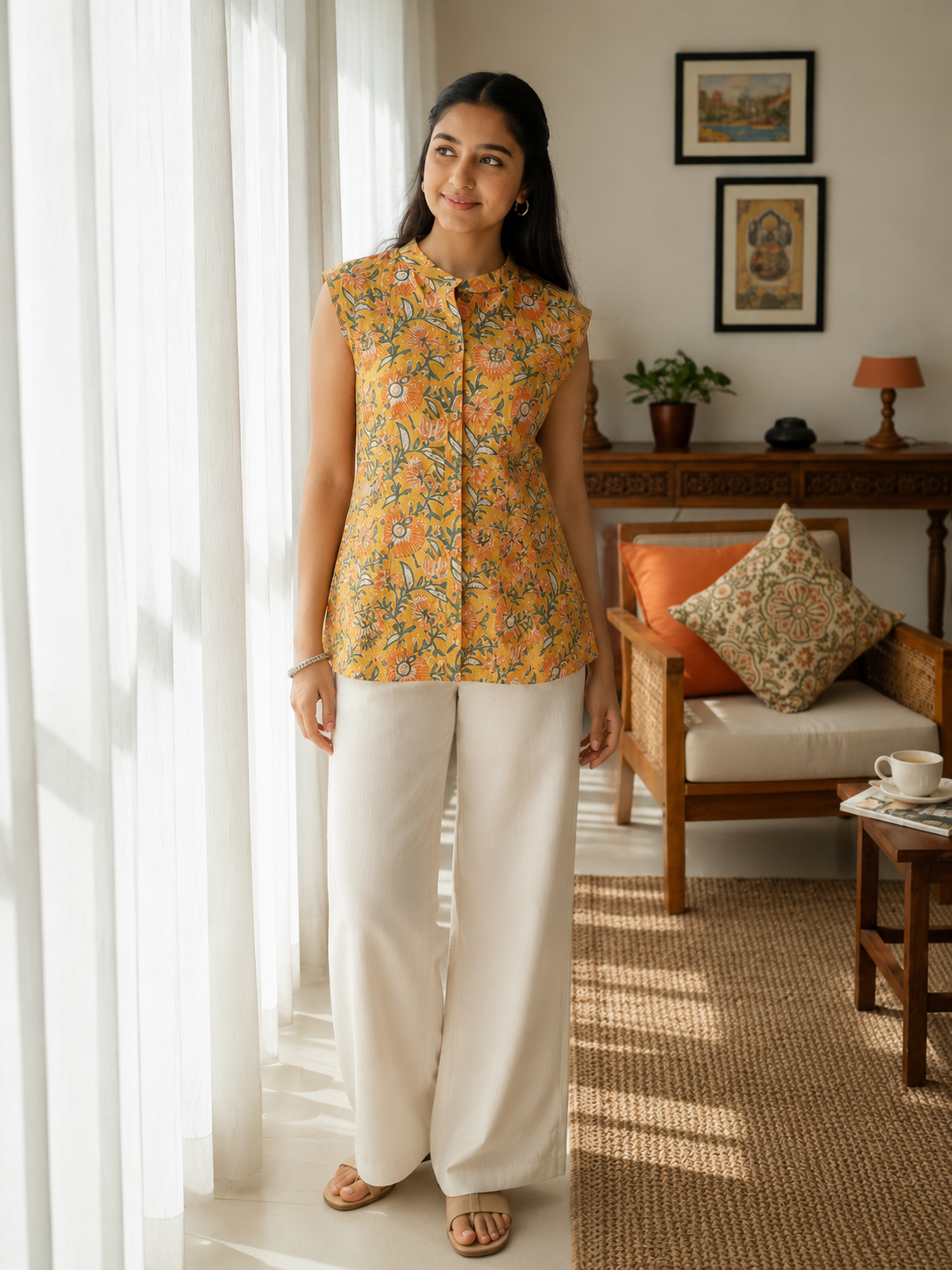 Rayon/Cotton Silk Floral Tunic Sleeveless Button-Down