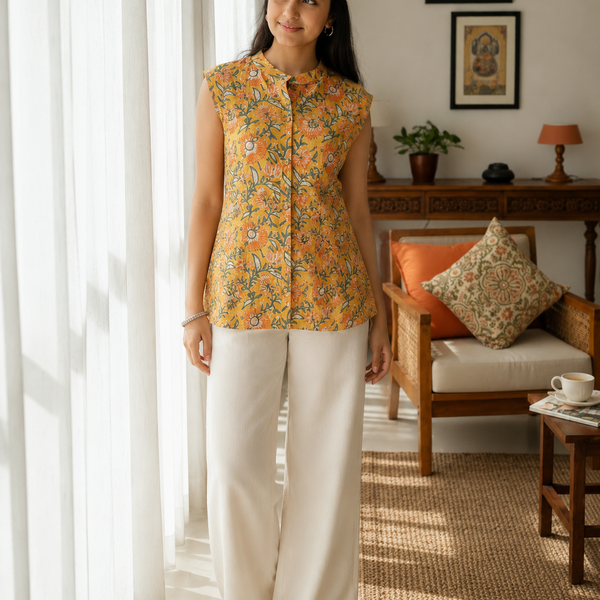 Rayon/Cotton Silk Floral Tunic Sleeveless Button-Down