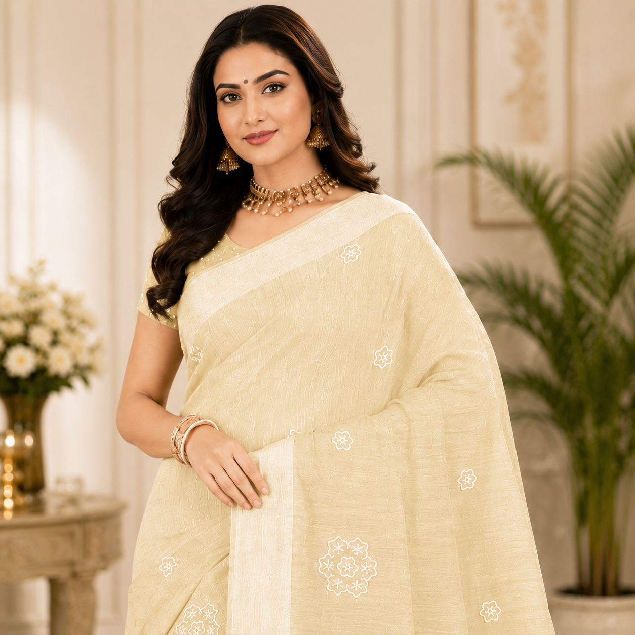 Graceful embroidered saree featuring delicate floral motifs and refined woven textures for a timeless ethnic look.