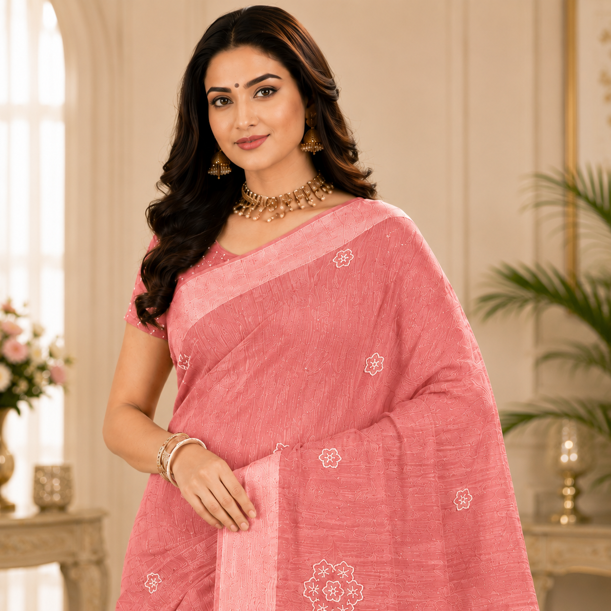 Graceful embroidered saree featuring delicate floral motifs and refined woven textures for a timeless ethnic look.