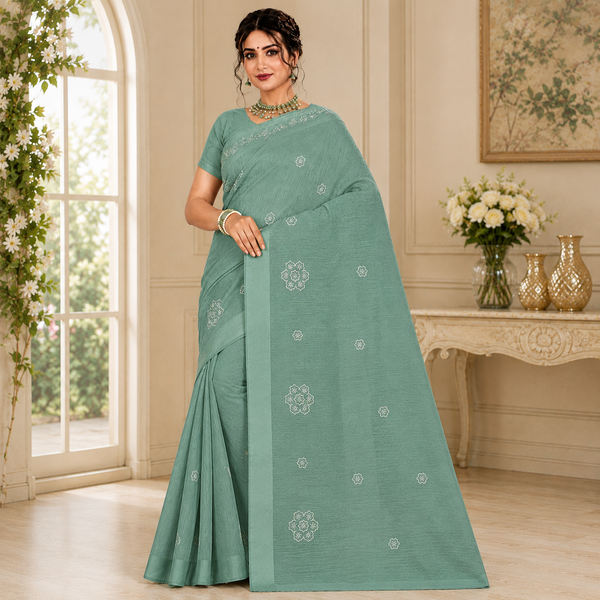 Graceful embroidered saree featuring delicate floral motifs and refined woven textures for a timeless ethnic look.