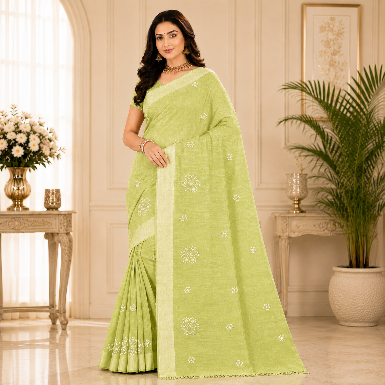 Graceful embroidered saree featuring delicate floral motifs and refined woven textures for a timeless ethnic look.