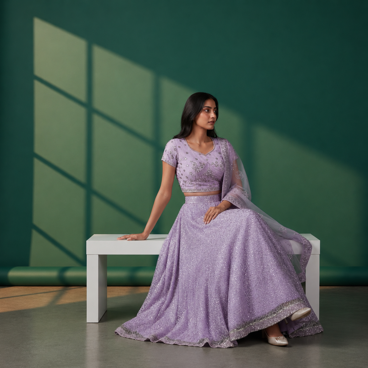 A Dreamy Lavender Lehenga with Silver Sequins and Floral Threadwork