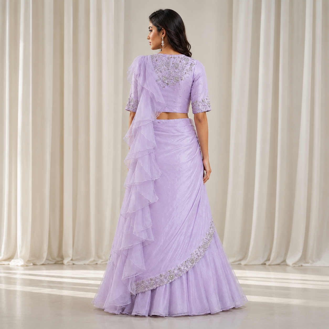 Net Chiffon Crop Top with Floral Embroidery