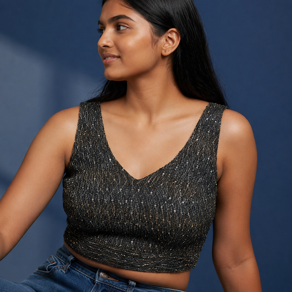 Black Velvet Sleeveless Blouse with Gold Silver Geometric Zari Work