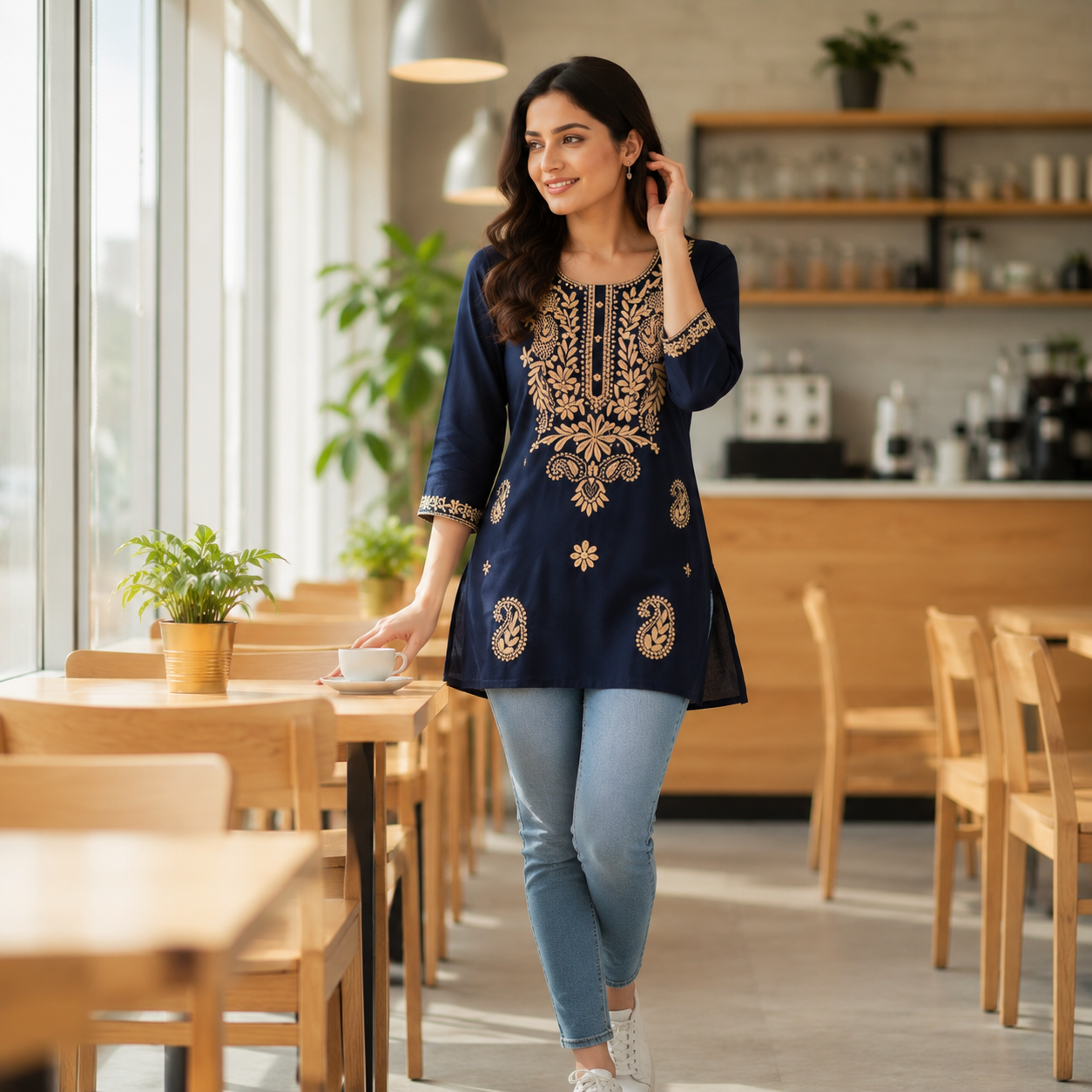 Blue Embroidered Kurta - Elegant straight kurta with heavy ivory thread work (Lucknowi style) on the yoke and paisley motifs on the lower half