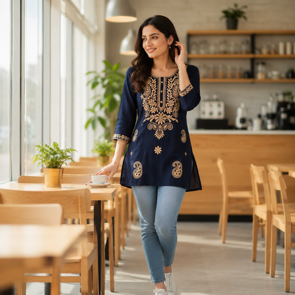 Blue Embroidered Kurta - Elegant straight kurta with heavy ivory thread work (Lucknowi style) on the yoke and paisley motifs on the lower half