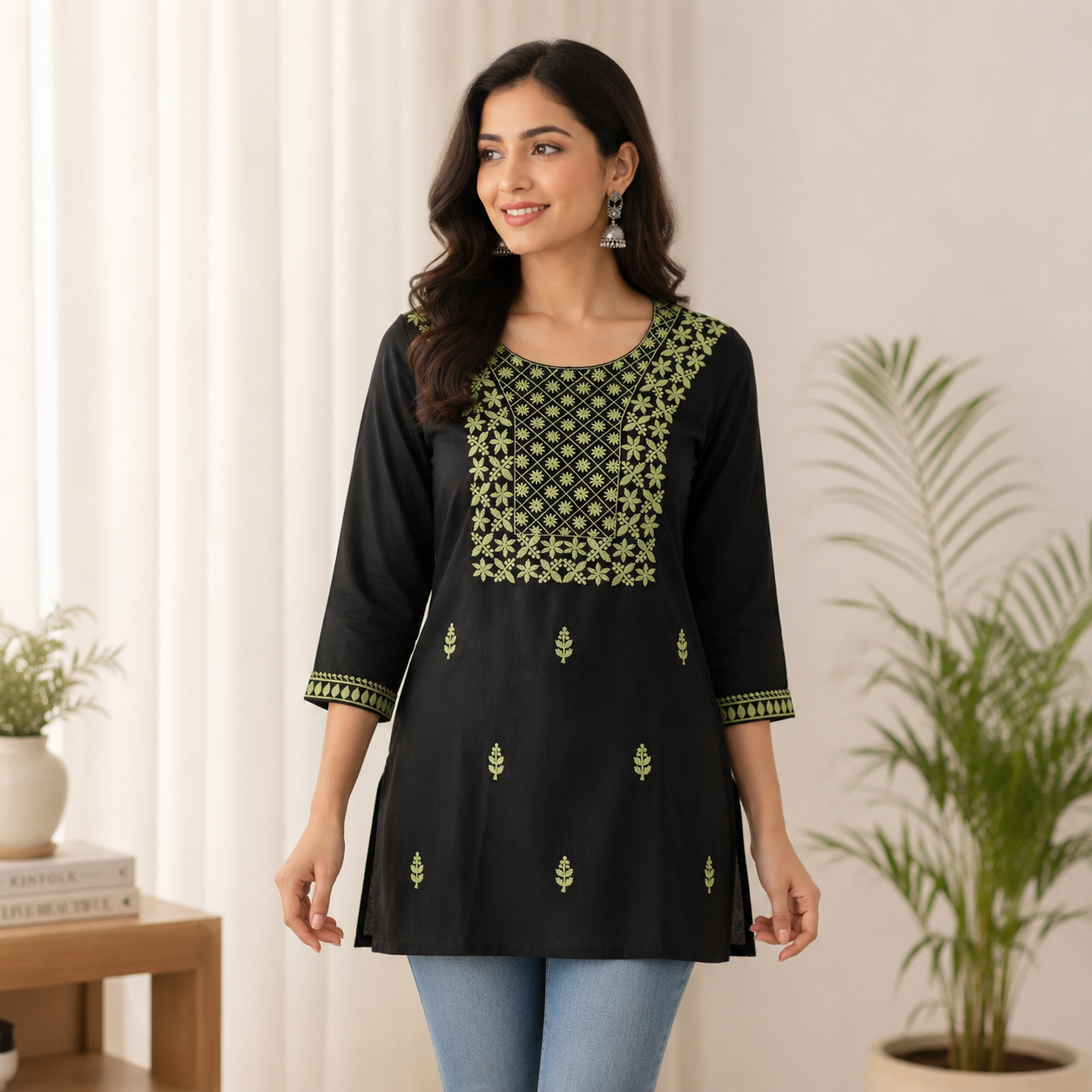 Black Straight Short Kurti with Sage Green Floral & Geometric Embroidery
