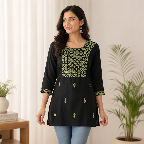 Black Straight Short Kurti with Sage Green Floral & Geometric Embroidery
