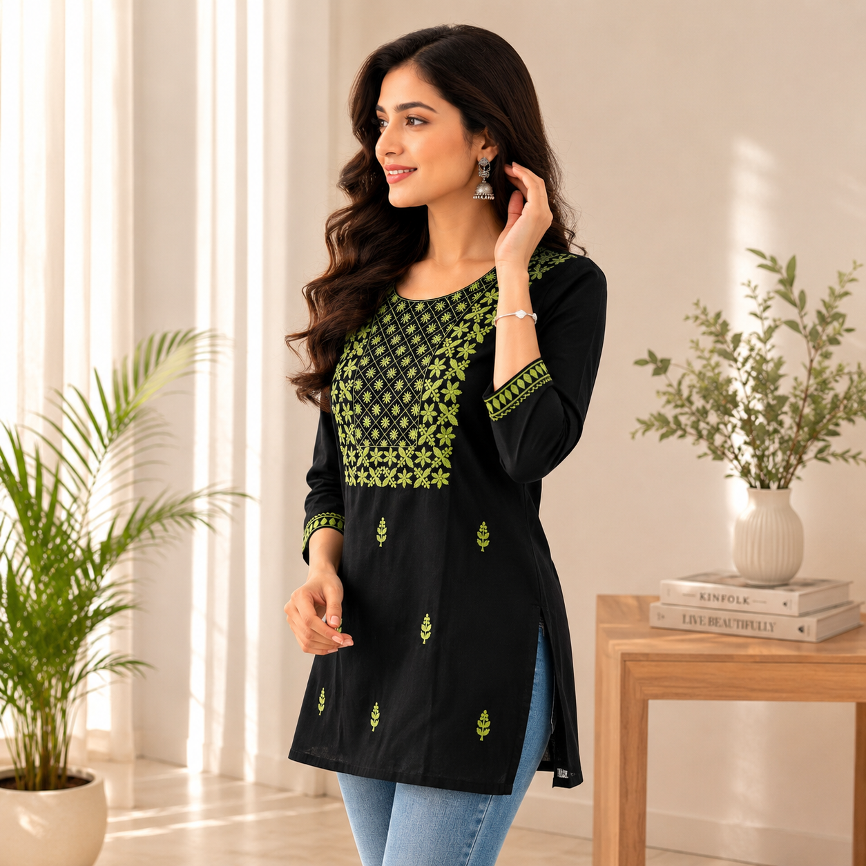 Black Straight Short Kurti with Sage Green Floral & Geometric Embroidery