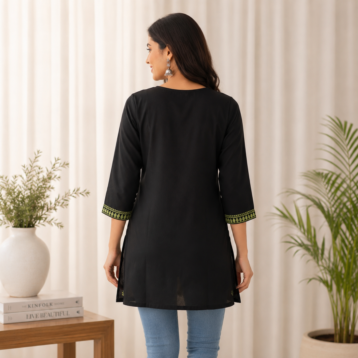 Black Straight Short Kurti with Sage Green Floral & Geometric Embroidery