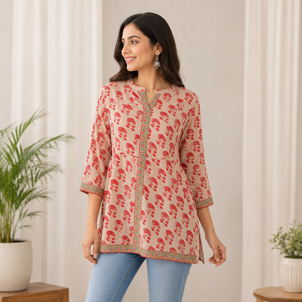 Rayon Front-Open Tunic with Mandarin Collar