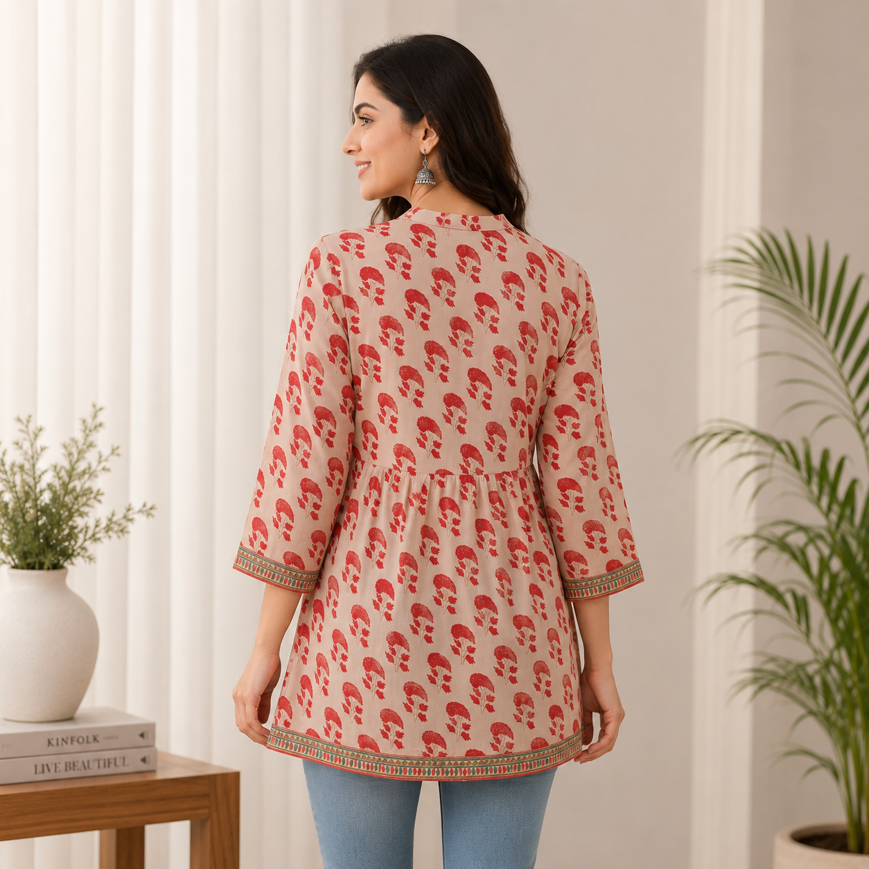Rayon Front-Open Tunic with Mandarin Collar