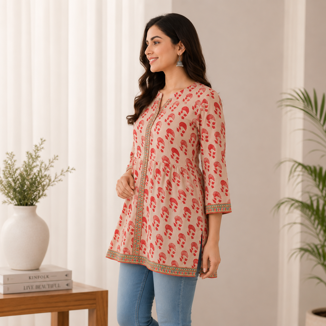 Rayon Front-Open Tunic with Mandarin Collar