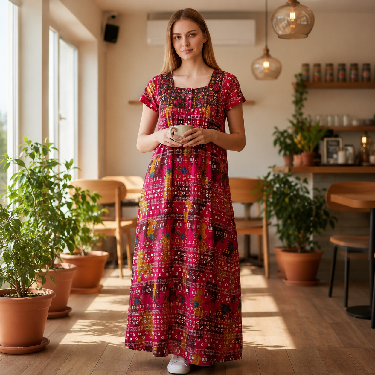 Elegant maroon printed cotton nightdress featuring a relaxed full-length silhouette for effortless comfort and everyday style.