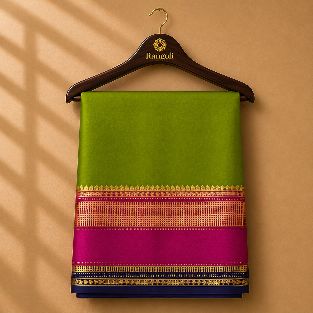 Graceful olive green Mysore silk saree featuring a rich fuchsia pink border with intricate gold zari weaving and a contrasting navy accent.