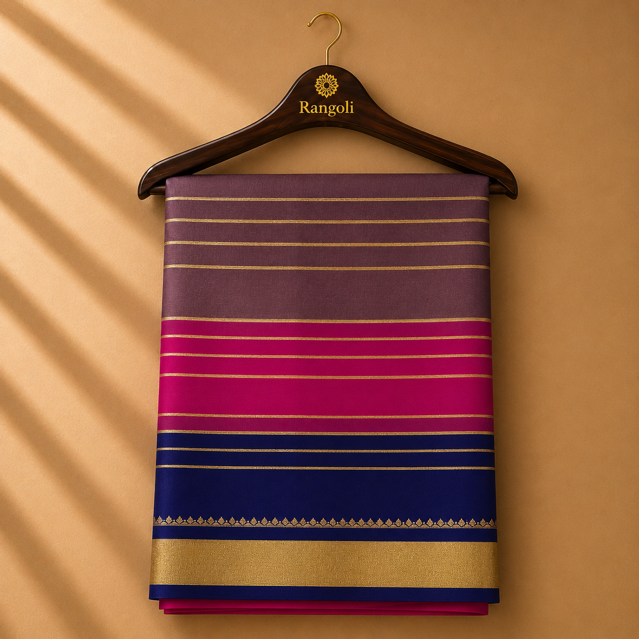 Vibrant Mysore silk saree featuring elegant gold zari stripes with striking pink and royal blue contrast panels for a bold traditional look.