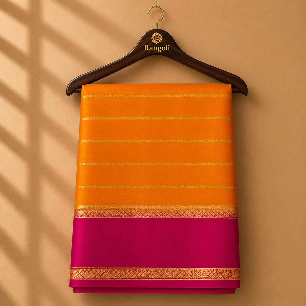Vibrant mustard yellow Mysore silk saree featuring elegant gold zari stripes and a striking magenta contrast border for a festive traditional look.
