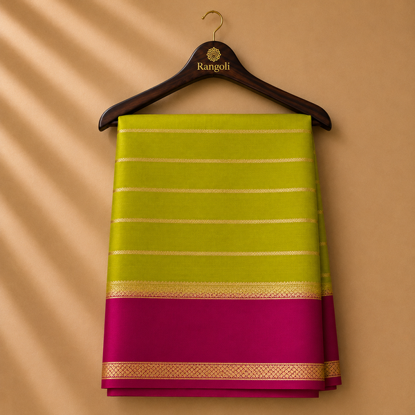 Rich magenta Mysore silk saree featuring a classic white striped pallu and elegant gold zari woven borders for a timeless traditional look.