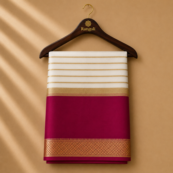 Vibrant pink Mysore silk saree featuring a classic white striped pallu and elegant gold zari woven borders.