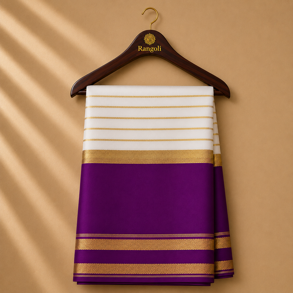 Graceful Mysore silk saree featuring a rich deep plum body, elegant white striped pallu, and classic gold zari borders.
