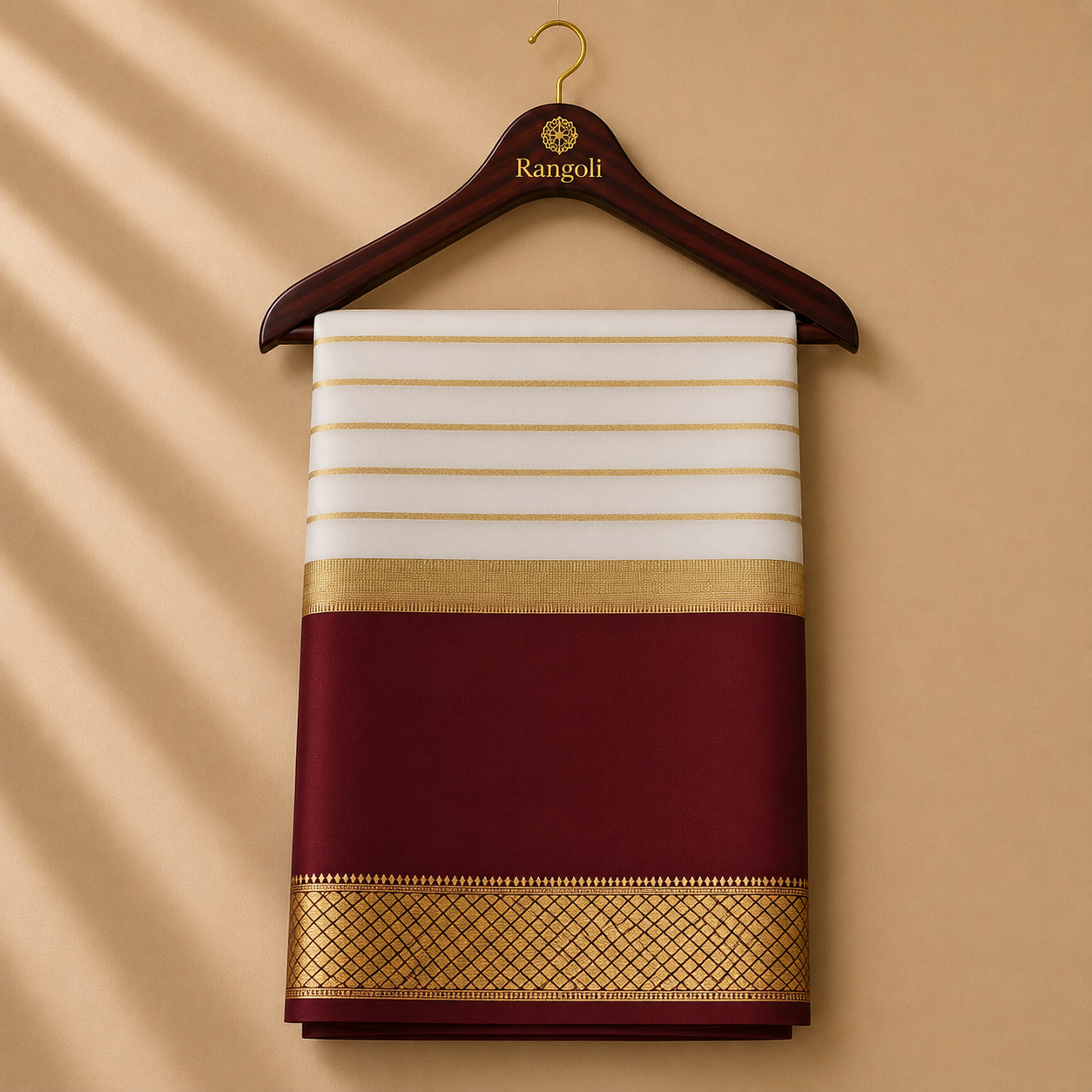 Classic white and deep maroon Mysore silk saree featuring elegant gold zari stripes and a rich woven zari border for a refined traditional look.