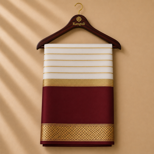 Classic white and deep maroon Mysore silk saree featuring elegant gold zari stripes and a rich woven zari border for a refined traditional look.
