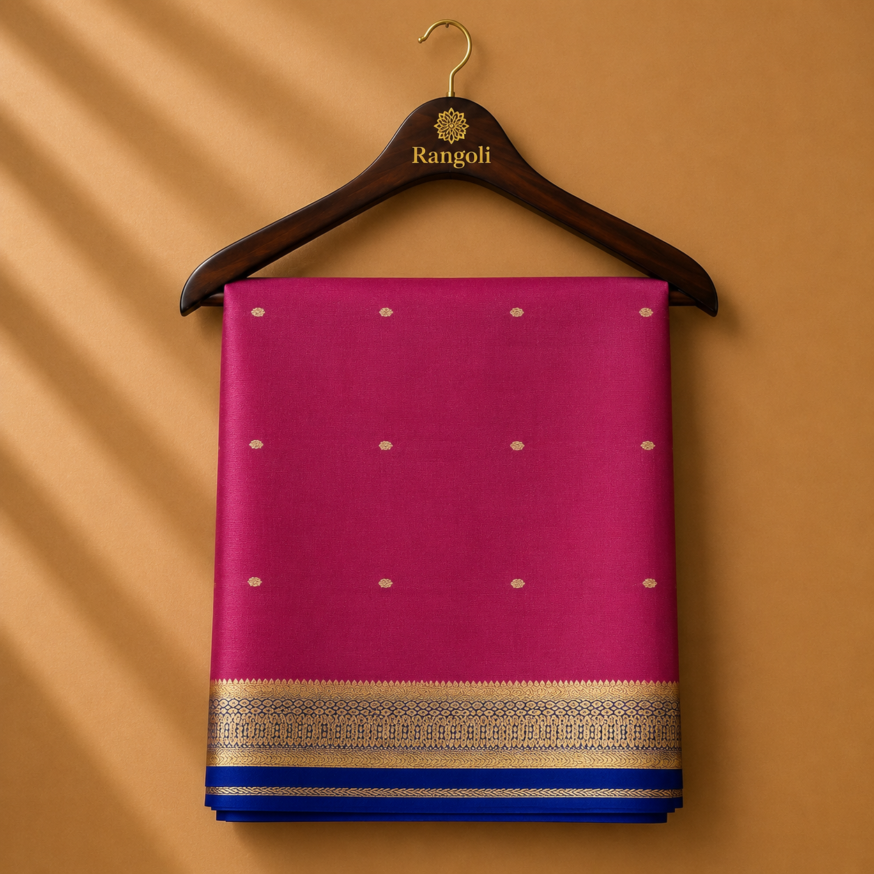 Vibrant magenta Mysore Silk saree featuring delicate gold zari buttas and a contrasting royal blue zari border for a timeless traditional appeal.