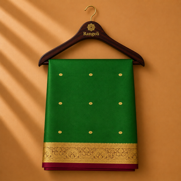 Graceful leaf green Kanchipattu silk saree adorned with delicate gold zari buttas and a rich maroon-gold traditional zari border.