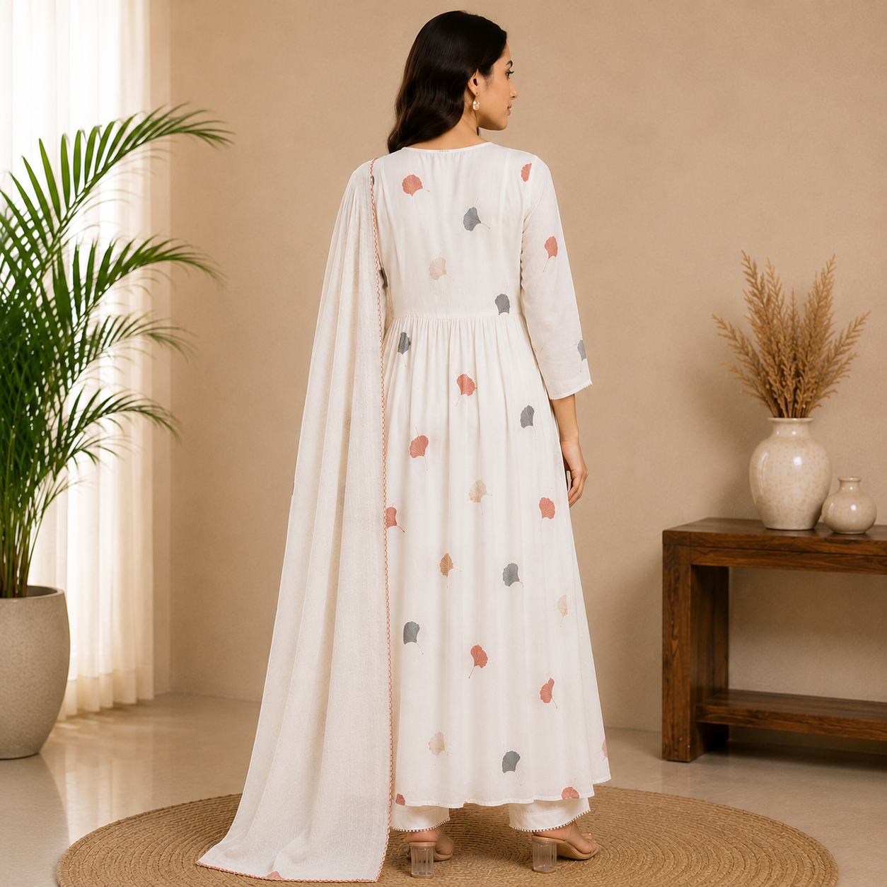 Ivory Anarkali suit featuring delicate floral embroidery and scattered leaf motifs, paired with a graceful matching dupatta for an elegant ethnic look.