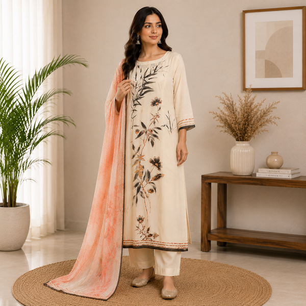 Ivory straight-cut kurti set featuring elegant floral and botanical prints, paired with a soft peach printed dupatta for a graceful ethnic look.