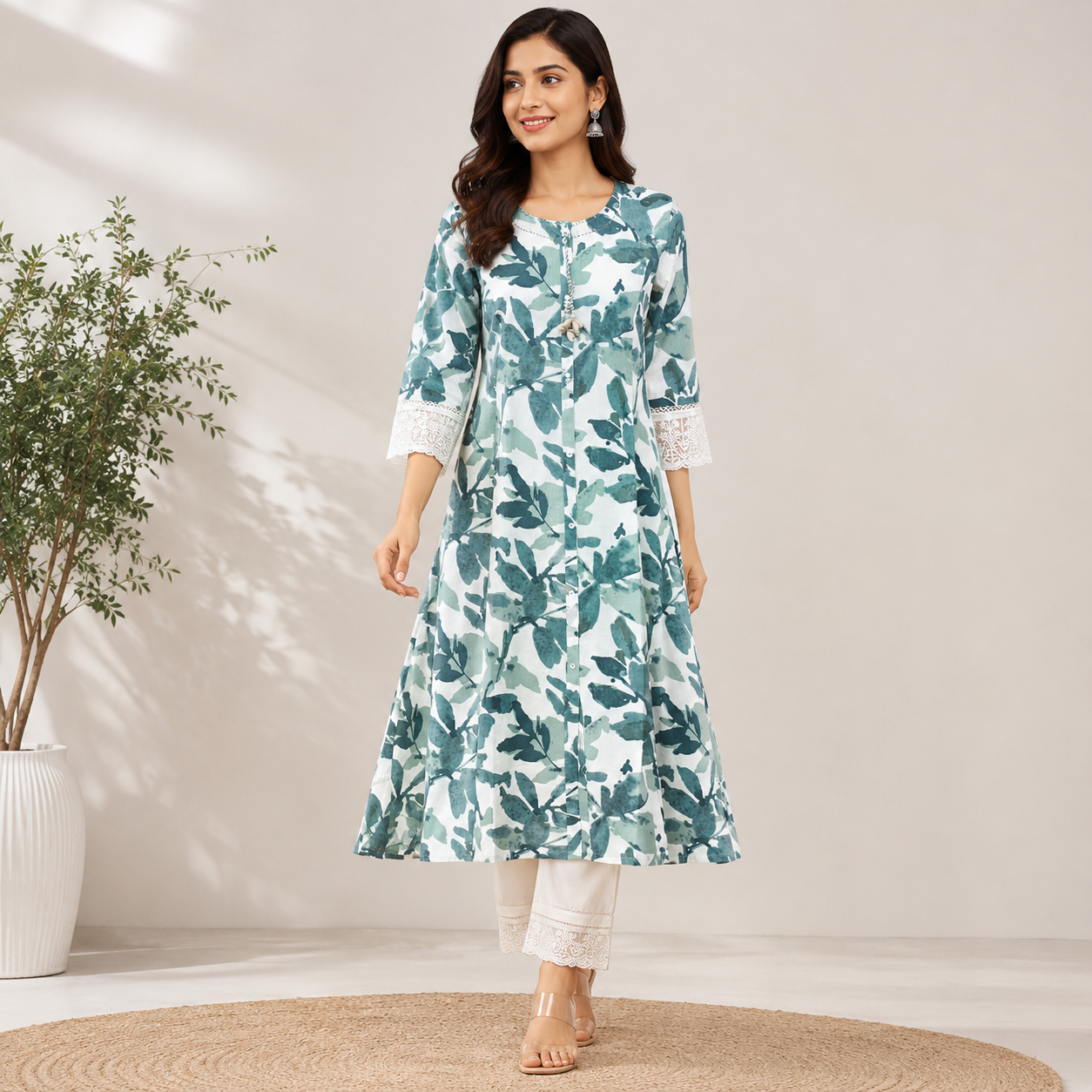 White and sage green floral printed A-line kurta set featuring delicate lace sleeve detailing and coordinated embroidered pants for a fresh, elegant look.