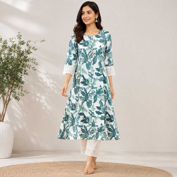White and sage green floral printed A-line kurta set featuring delicate lace sleeve detailing and coordinated embroidered pants for a fresh, elegant look.