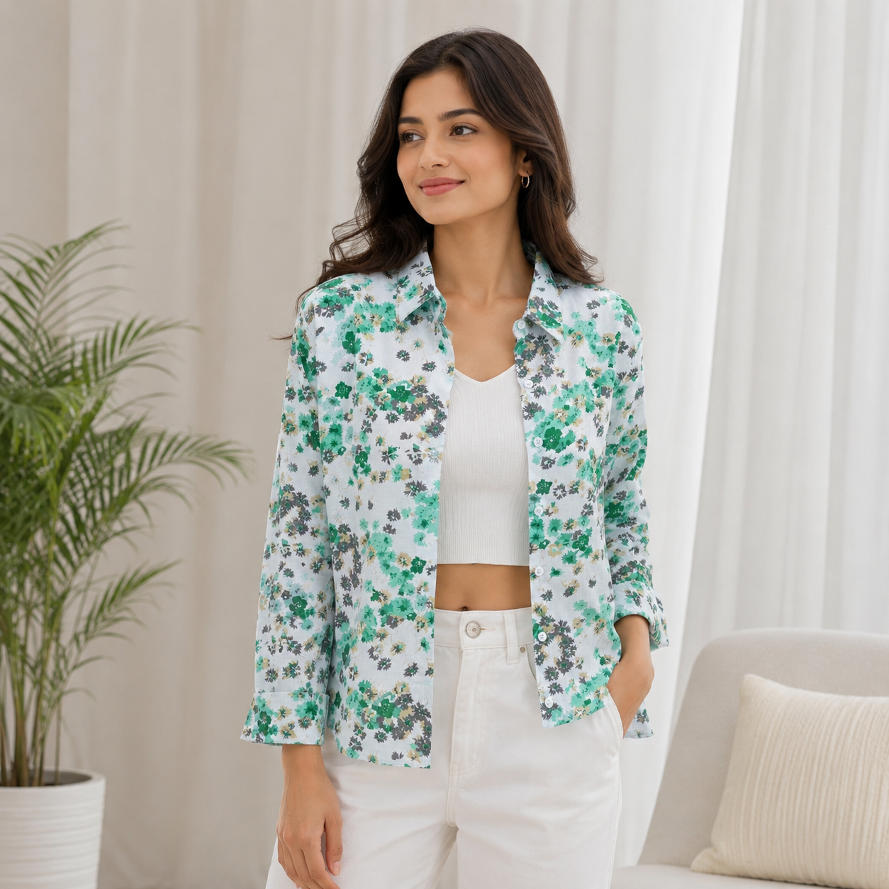 Fresh white floral shirt featuring soft green blooms, perfect for a chic and effortlessly stylish everyday look.