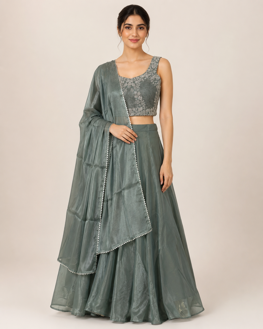 Sage Green Floral Beaded Lehenga Set with Dupatta