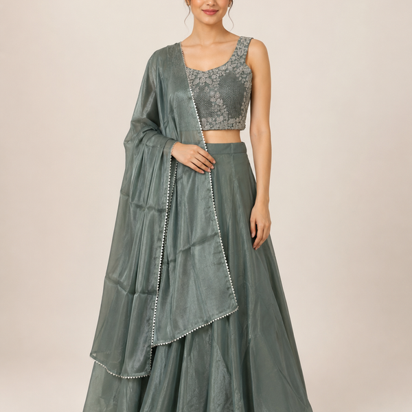 Sage Green Floral Beaded Lehenga Set with Dupatta