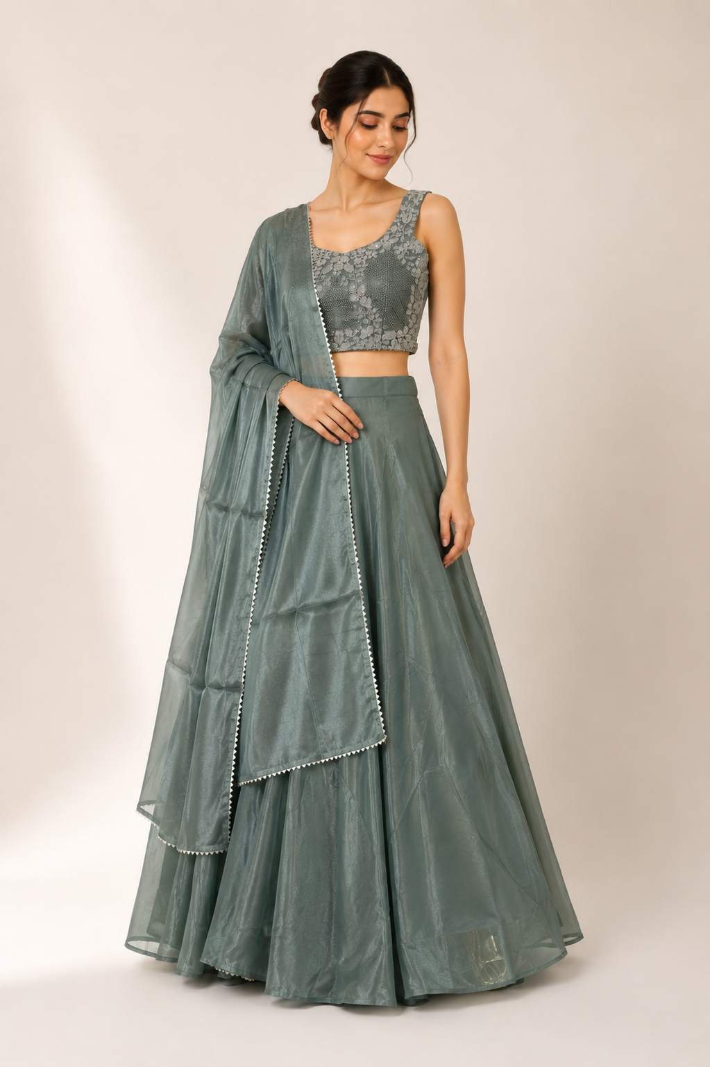 Sage Green Floral Beaded Lehenga Set with Dupatta