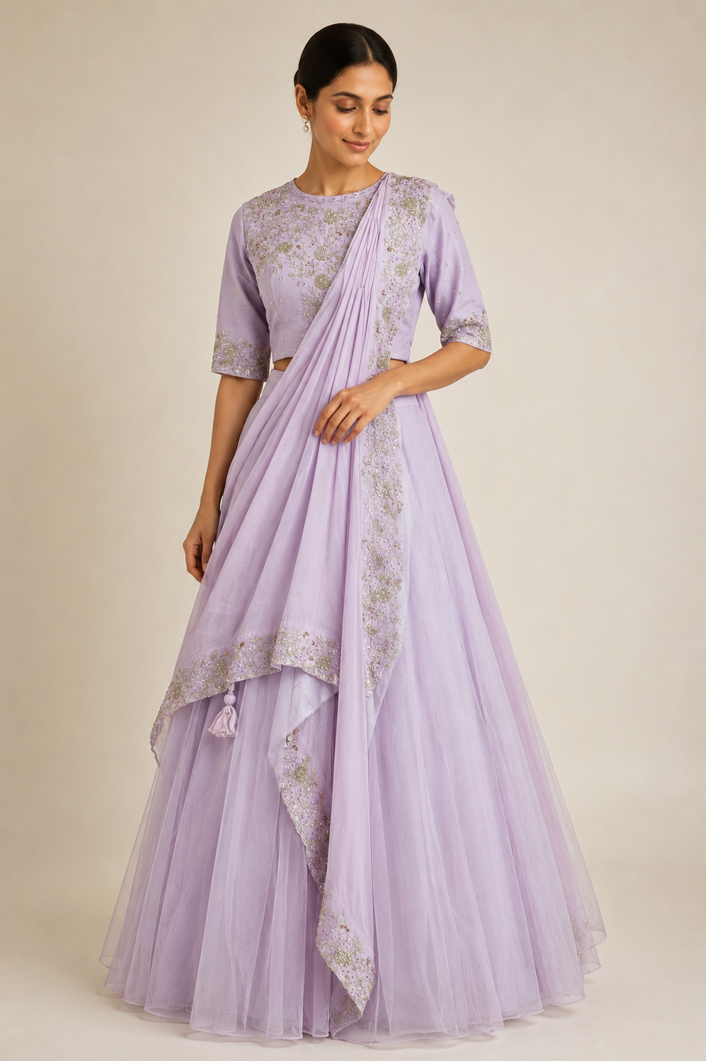 Net Chiffon Crop Top with Floral Embroidery