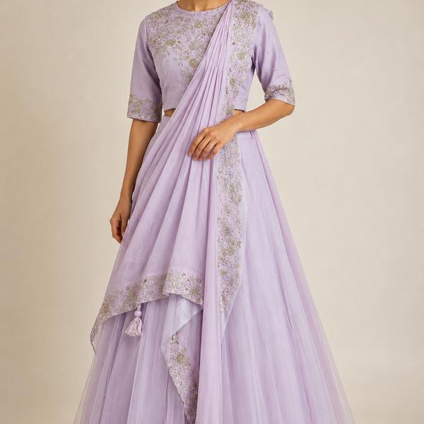 Net Chiffon Crop Top with Floral Embroidery