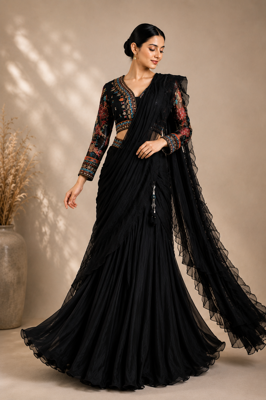 Crepe Draped Lehenga with Multi-color Threadwork