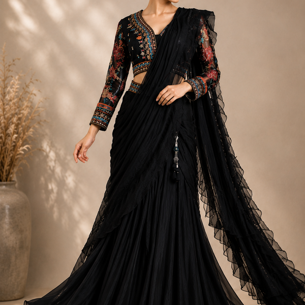Crepe Draped Lehenga with Multi-color Threadwork