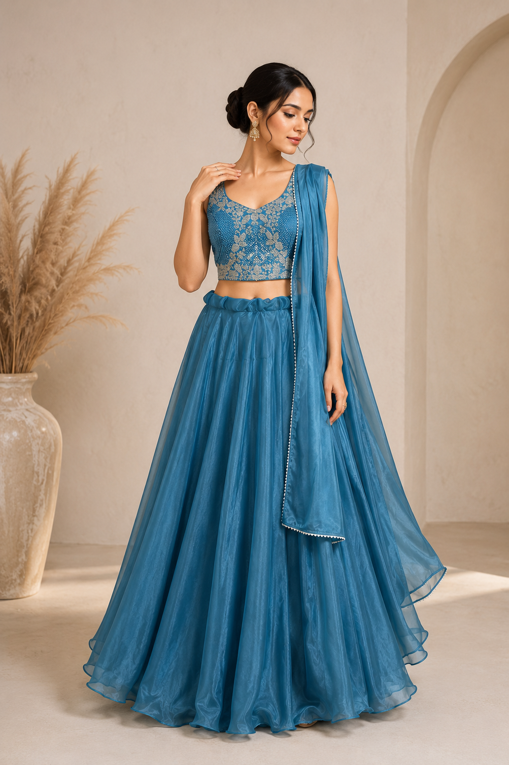 Teal Blue Heavy Embellished Lehenga Set with Pearl & Beadwork