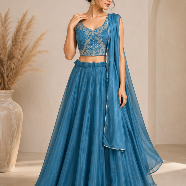 Teal Blue Heavy Embellished Lehenga Set with Pearl & Beadwork