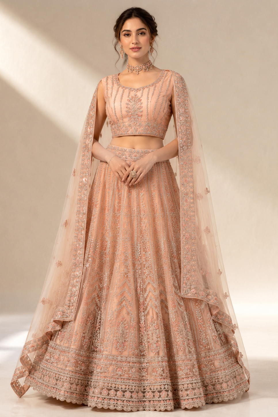 Glamorous Peach Lehenga with Vertical Shimmer and Floral Embroidery