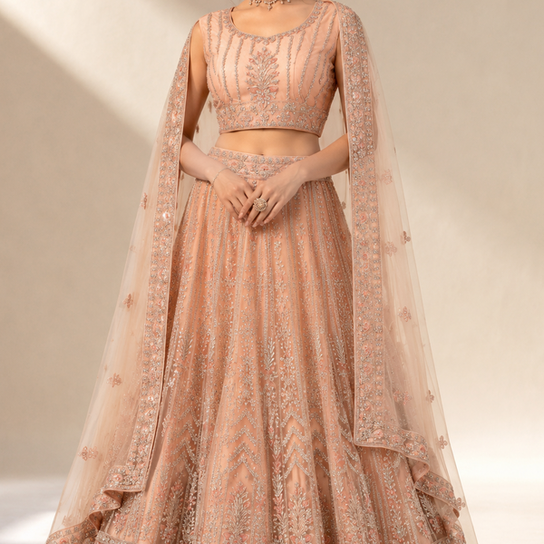 Glamorous Peach Lehenga with Vertical Shimmer and Floral Embroidery