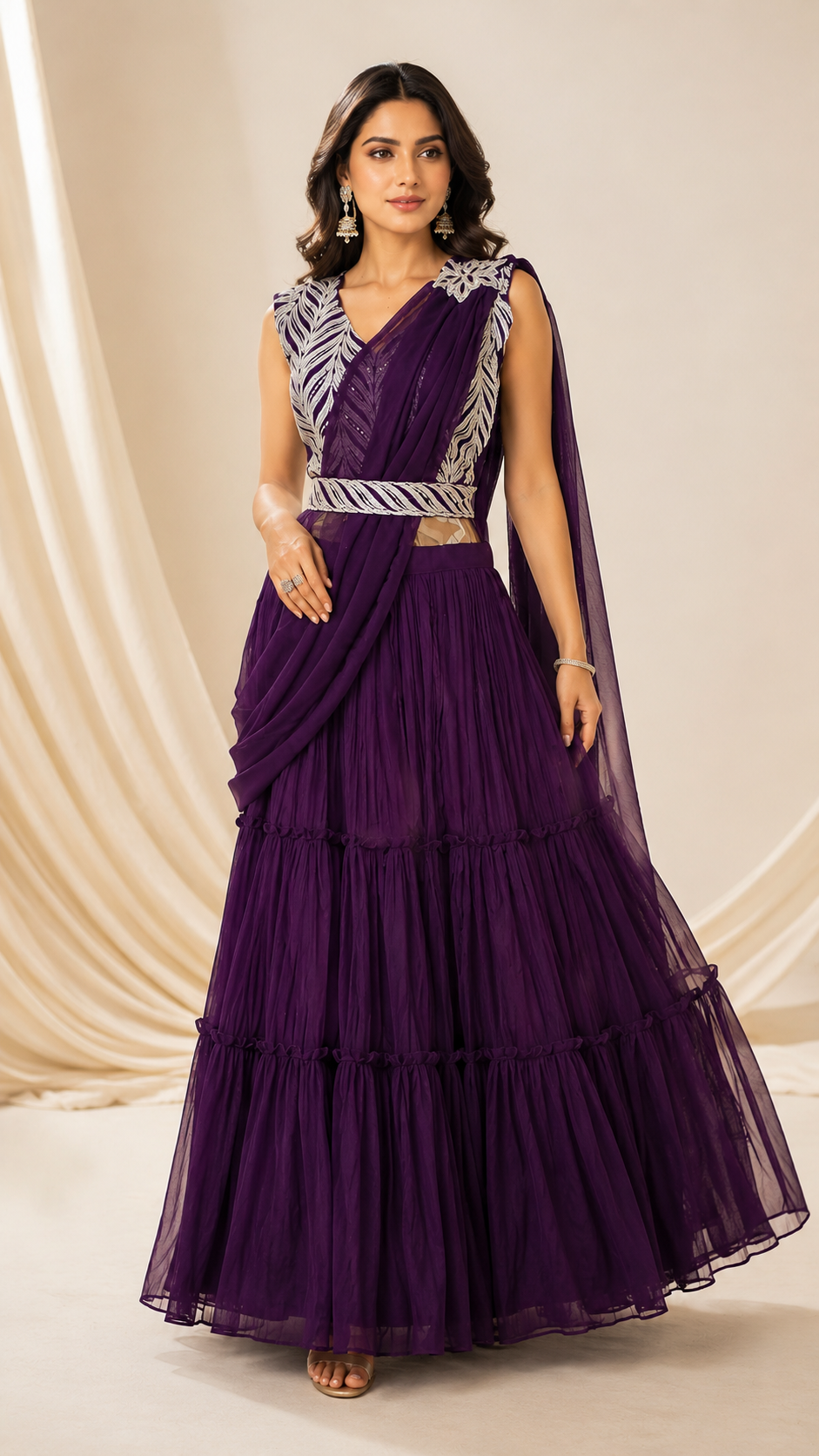 Festive Purple Tiered Lehenga/Sharara Set with Silver Embroidered Sleeveless Blouse and Draped Dupatta