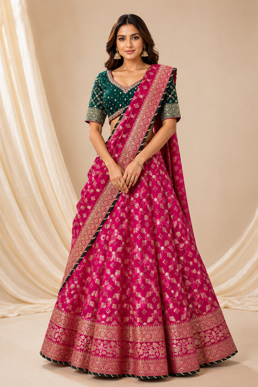 Vibrant Pink Silk Saree with Intricate Patterns and Contrasting Border